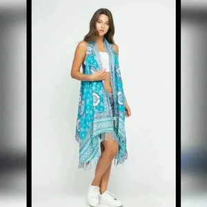 RAJ  Imports Turquoise Embroidered Vest Boho One Size Fringe India Molly Fringe